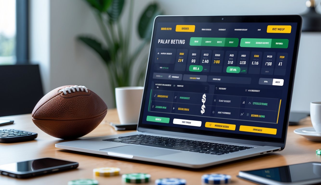 Seorang pria menggunakan laptop di meja kerja dengan bola sepak dan chip taruhan di sekitarnya.