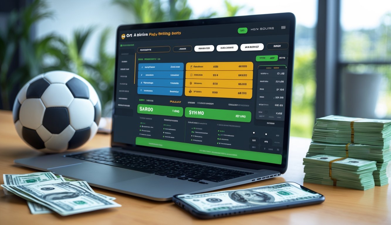 Seseorang menggunakan laptop dengan tampilan taruhan olahraga parlay di meja kerja yang rapi, di sekitar terdapat bola sepak dan ponsel dengan aplikasi taruhan terbuka.