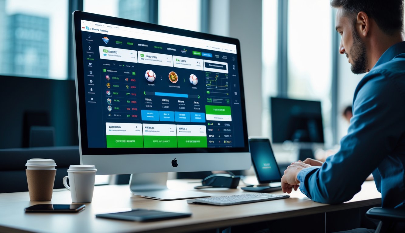 Seseorang menggunakan komputer dengan tampilan situs taruhan olahraga online di meja kerja modern.