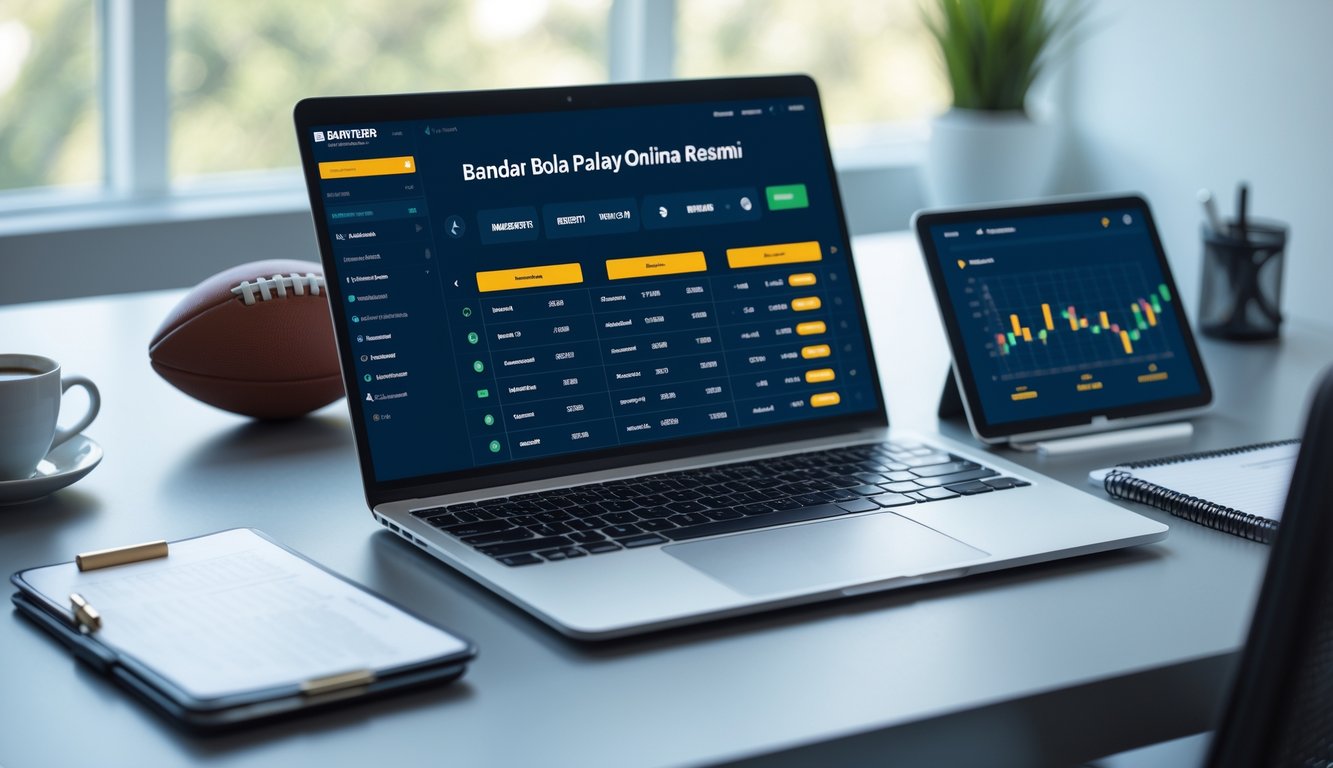 Seorang profesional menggunakan laptop di meja kerja dengan bola sepak di samping dan perangkat digital yang menampilkan grafik, menggambarkan konsep taruhan bola online.