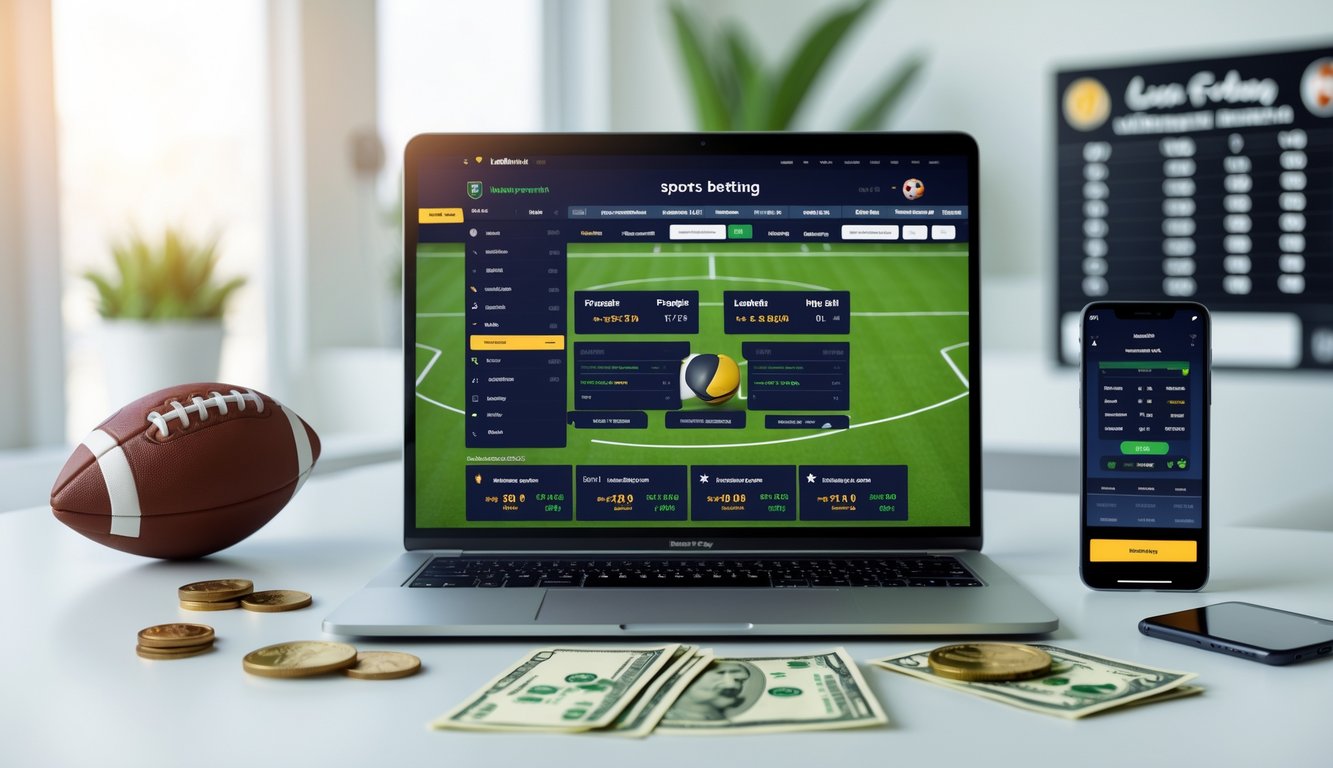 Meja kerja modern dengan laptop dan ponsel menampilkan situs taruhan bola, serta uang di atas meja.