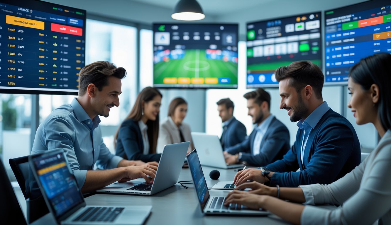 Orang-orang menggunakan laptop dan ponsel untuk memasang taruhan olahraga secara online di ruang kerja modern dengan beberapa layar menampilkan informasi taruhan.