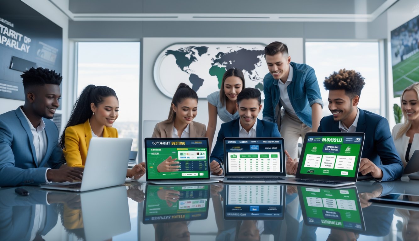 Beberapa orang muda sedang menggunakan perangkat digital untuk taruhan bola secara online di sebuah kantor modern.