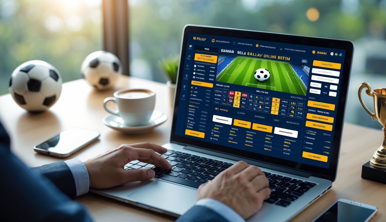 Seorang pengguna sedang menggunakan laptop dengan tampilan situs taruhan bola parlay online resmi, dikelilingi oleh smartphone dan perlengkapan kerja di meja.