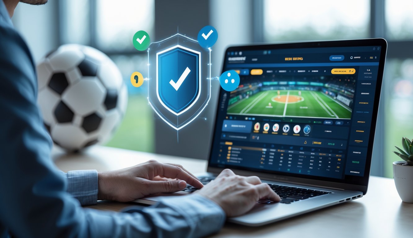 Seseorang menggunakan komputer dengan tampilan situs taruhan olahraga online yang aman dan adil di meja kerja.