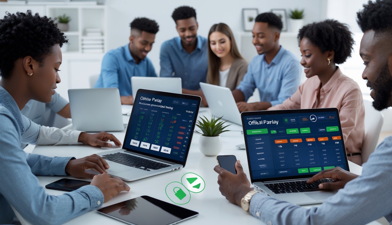 Sekelompok orang muda menggunakan perangkat digital untuk memasang taruhan olahraga secara online dalam suasana ruang kerja yang rapi dan modern.