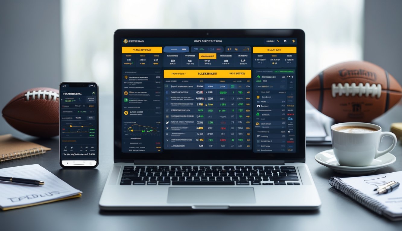 Seorang pria menggunakan laptop di meja kerja dengan tampilan situs taruhan olahraga online, dikelilingi oleh bola sepak, bola basket, dan ponsel.
