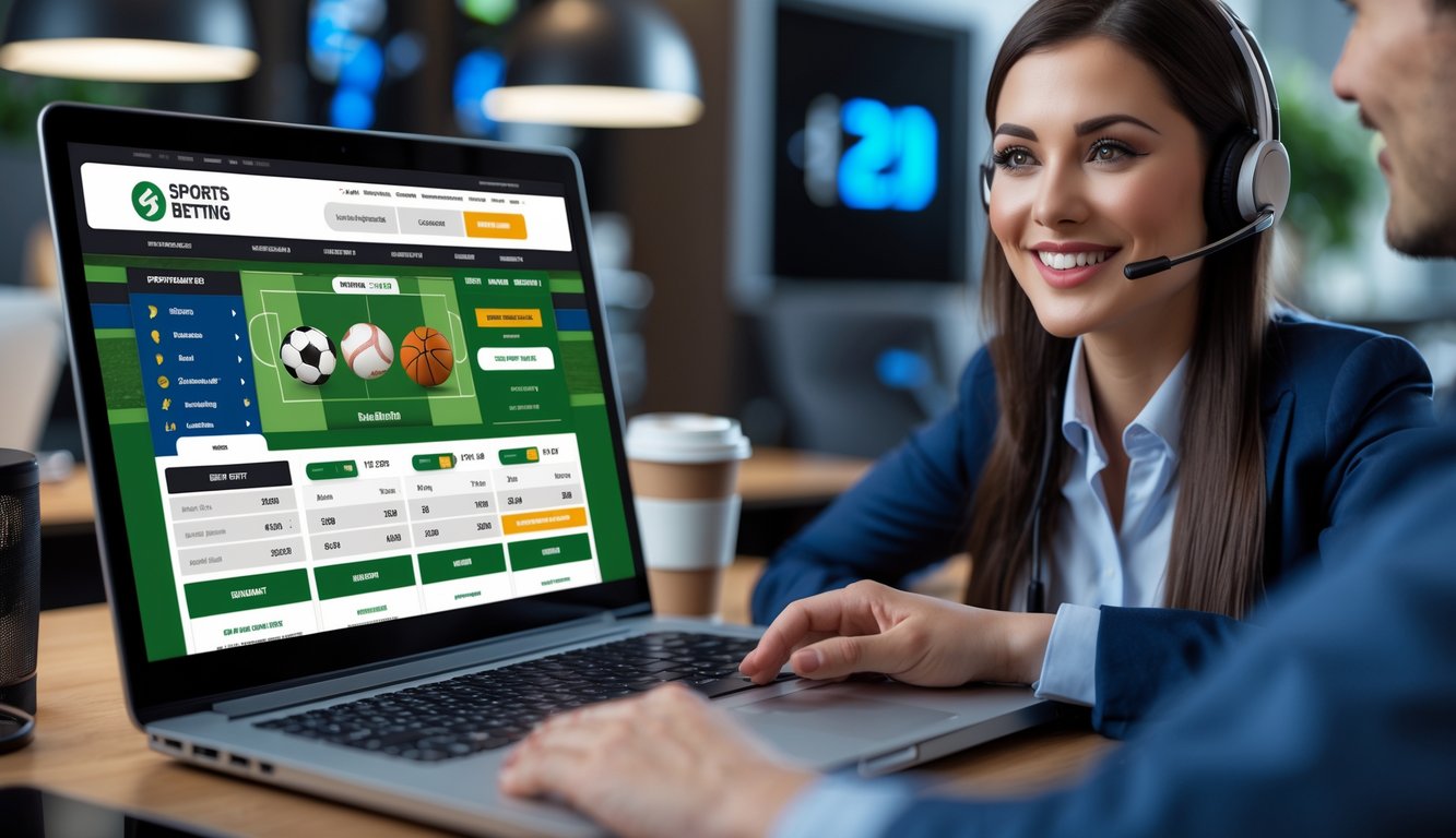 Seorang perwakilan layanan pelanggan dengan headset sedang bekerja di depan laptop yang menampilkan situs taruhan olahraga online, di meja terdapat ponsel dan cangkir kopi.