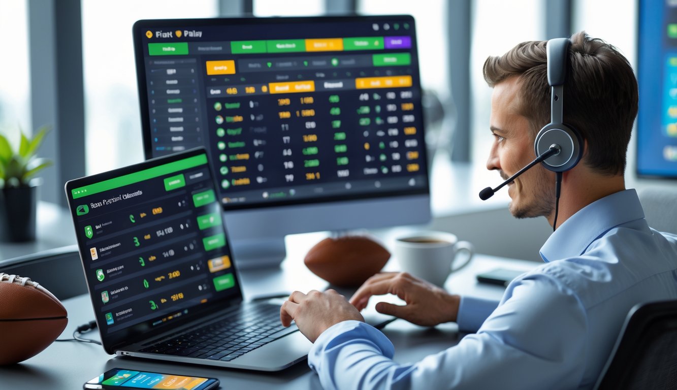 Seorang perwakilan layanan pelanggan dengan headset membantu klien di depan laptop yang menampilkan taruhan olahraga parlay, dengan latar meja kerja yang rapi dan perlengkapan olahraga di sekitarnya.