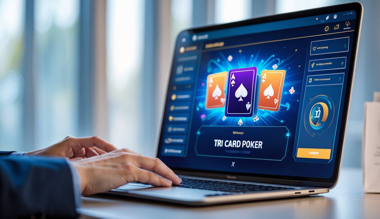 Seseorang menggunakan komputer dengan tampilan permainan Tri Card Poker online yang aman dan cepat.