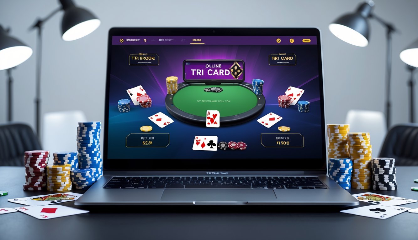 Seorang pemain sedang menggunakan komputer dengan permainan Tri Card Poker online, dikelilingi chip poker dan kartu, di ruang kerja yang rapi dan terang.
