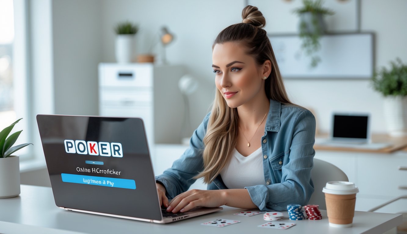 Seorang wanita muda duduk di meja dengan laptop, bermain poker online dengan chip dan kartu di meja, di sebuah ruang kerja rumah yang terang dan rapi.