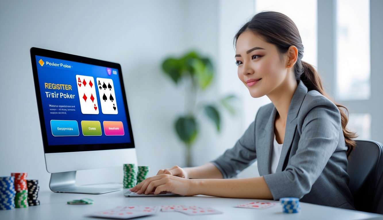 Seorang wanita muda duduk di meja dengan laptop, sedang mendaftar permainan Tri Card Poker online dengan tampilan tiga kartu di layar.