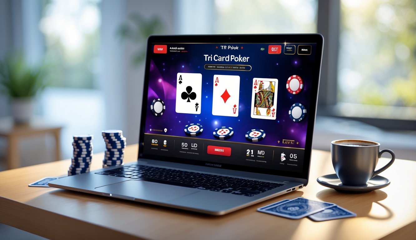 Seorang pemain poker online menggunakan laptop dengan kartu poker dan chip di atas meja kayu.