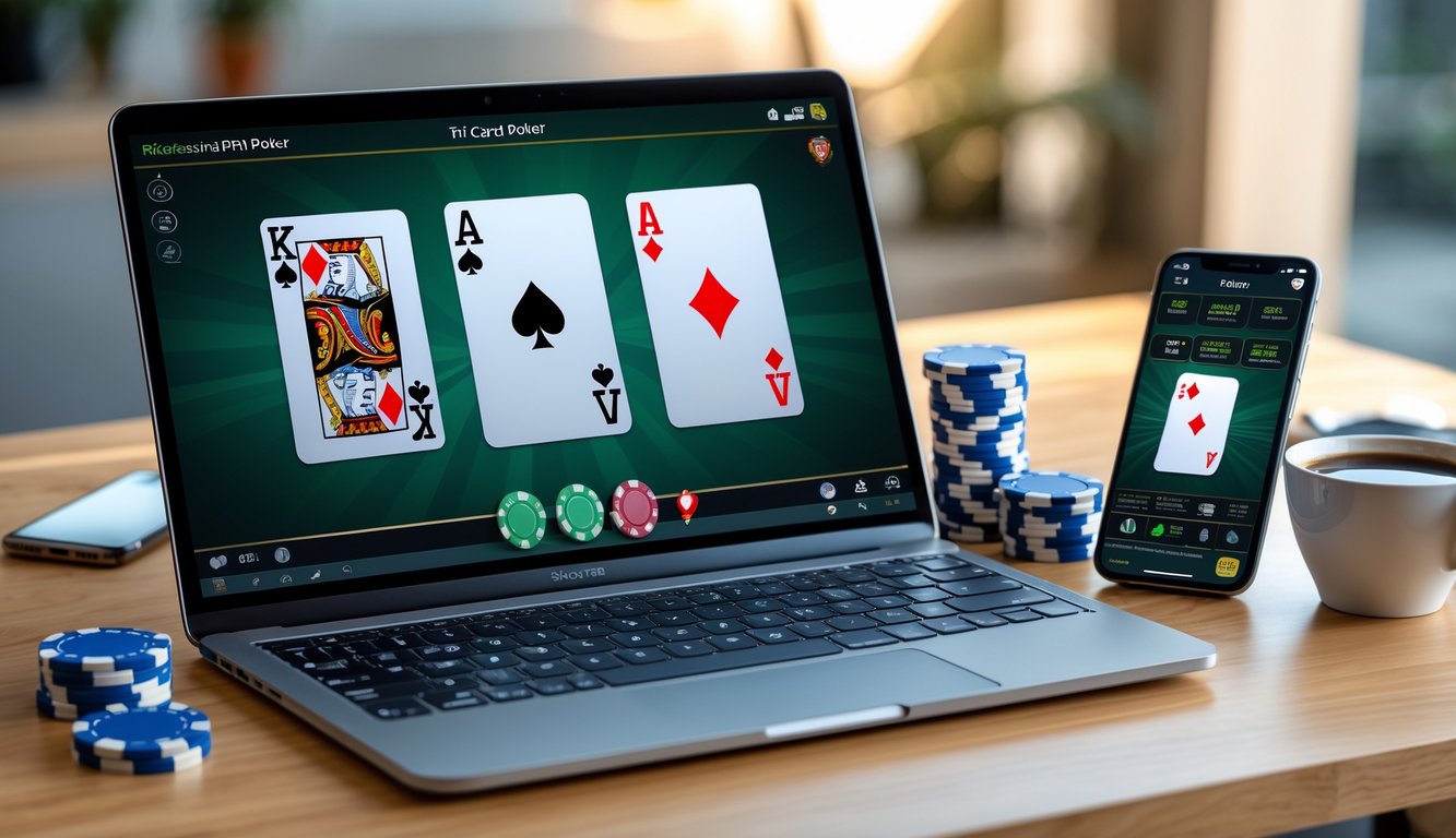 Seorang pemain duduk di depan laptop dengan tampilan permainan poker tiga kartu, di meja terdapat tumpukan chip poker dan ponsel.