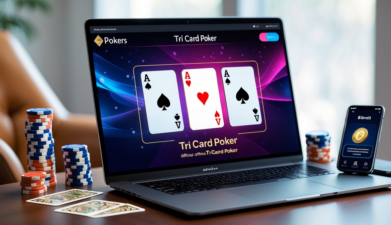 Sebuah laptop modern menampilkan permainan poker tiga kartu dengan tumpukan chip poker di sekitarnya di atas meja kerja yang rapi.