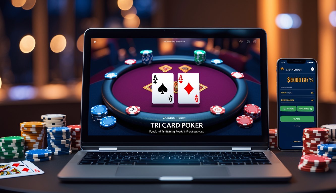 Seseorang menggunakan laptop dengan tampilan meja poker digital dan beberapa chip poker di sekitar meja.