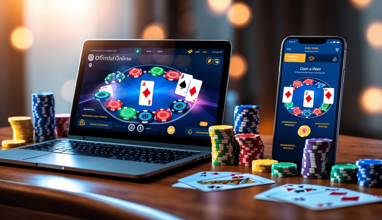 Sebuah meja dengan laptop menampilkan permainan poker online, dikelilingi chip poker dan kartu remi.