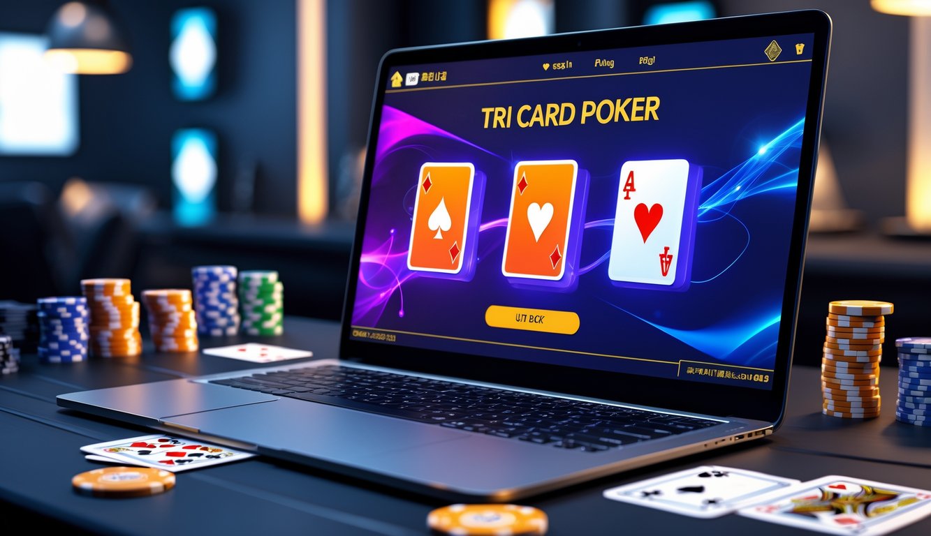 Seorang pemain sedang menggunakan laptop dengan tampilan permainan Tri Card Poker online, di meja terdapat chip poker dan kartu remi.