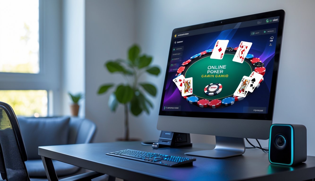 Sebuah komputer desktop modern menampilkan permainan poker online dengan kartu dan chip di layar, di sebuah ruang kerja rumah yang rapi dan terang.