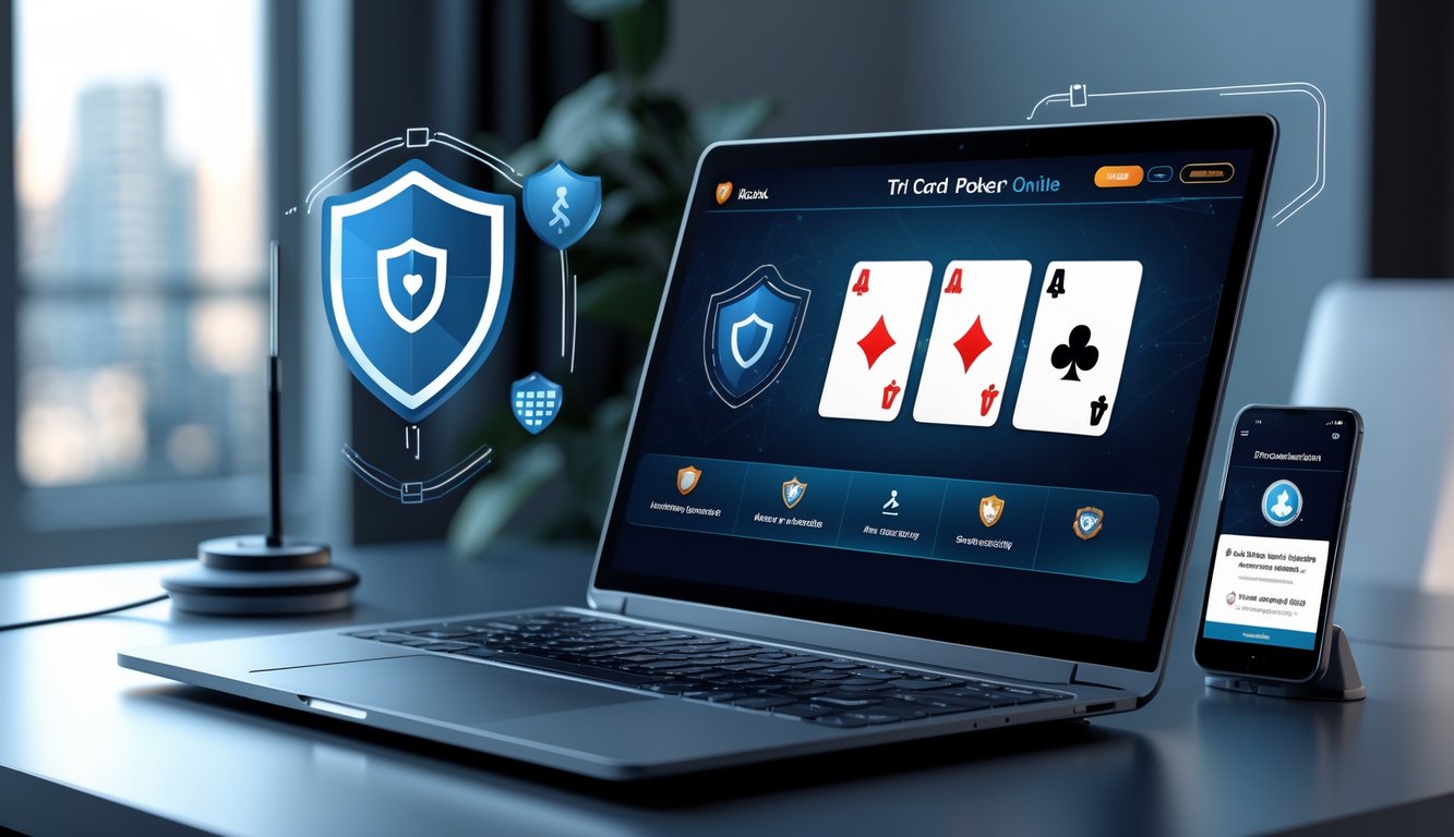 Seorang pengguna sedang bermain poker online di laptop dengan kartu tiga kartu terlihat di layar, dikelilingi oleh simbol keamanan dan perangkat teknologi.