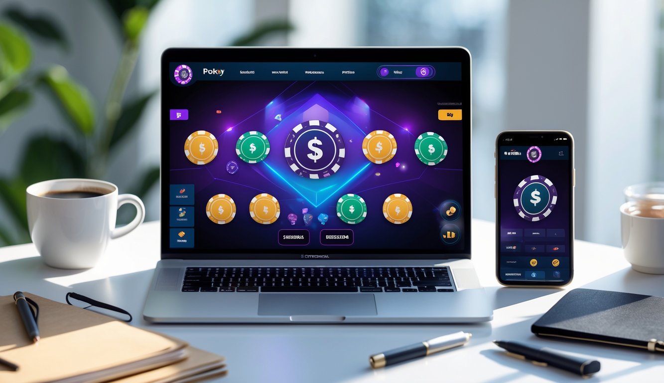 Seorang pengguna bermain poker online di laptop dan ponsel di meja kerja yang rapi dengan kopi dan alat tulis.