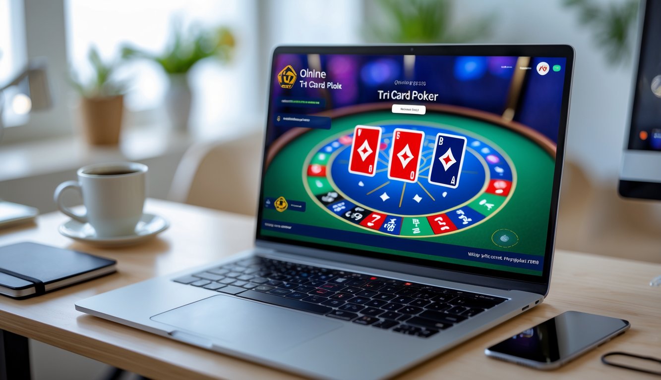 Seseorang bermain Tri Card Poker online di laptop di meja kerja dengan kopi dan ponsel di samping.