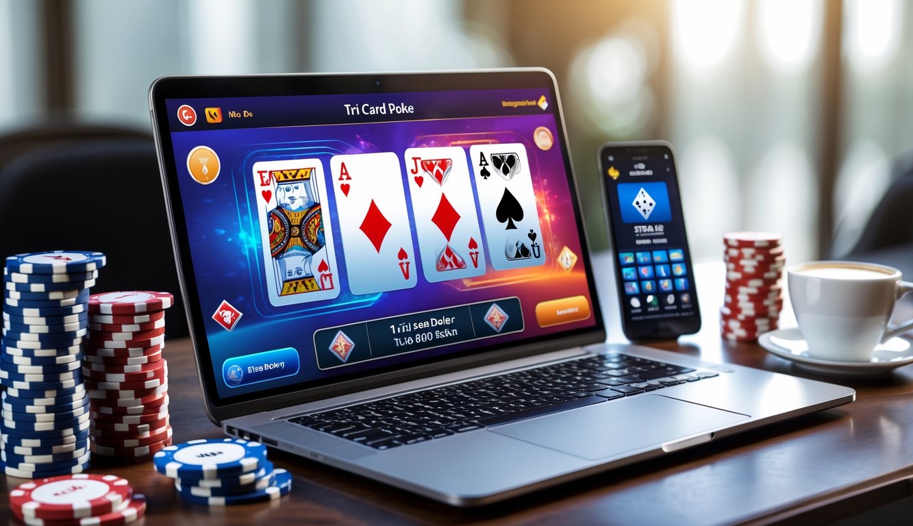 Seorang pemain poker online menggunakan laptop dengan kartu dan chip poker di meja, menunjukkan suasana bermain Tri Card Poker secara resmi dan terpercaya.