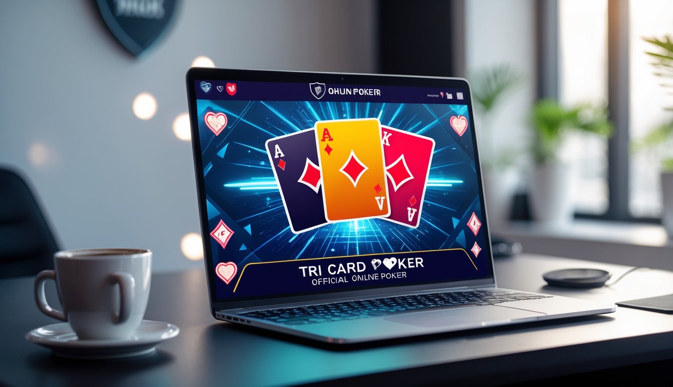 Seorang pemain menggunakan laptop dengan tampilan permainan Tri Card Poker online yang menampilkan tiga kartu di layar dalam suasana ruang kerja yang rapi dan terang.