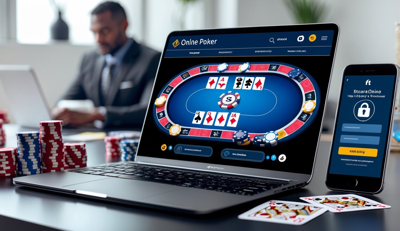 Seorang pria menggunakan laptop dan ponsel untuk bermain dan mendaftar di permainan poker online dengan kartu dan chip poker di meja.
