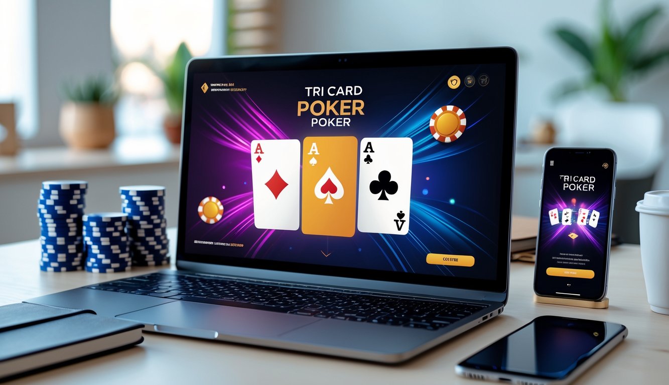 Seorang pemain sedang menggunakan laptop dan ponsel untuk bermain Tri Card Poker online dengan tumpukan chip poker di meja.