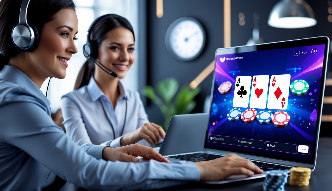 Seorang perwakilan layanan pelanggan dengan headset tersenyum di depan laptop yang menampilkan permainan poker online dengan tiga kartu dan chip poker.