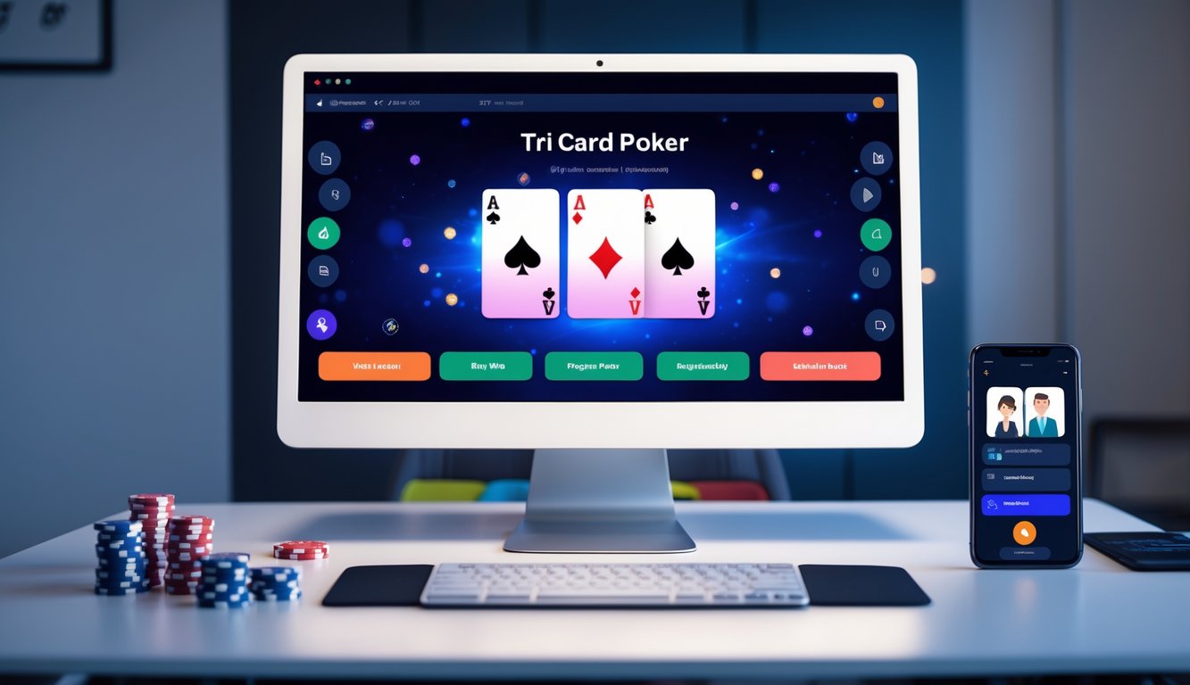 Seorang pengguna sedang bermain Tri Card Poker online di komputer dengan ponsel menampilkan layanan pelanggan aktif di meja kerja yang rapi.