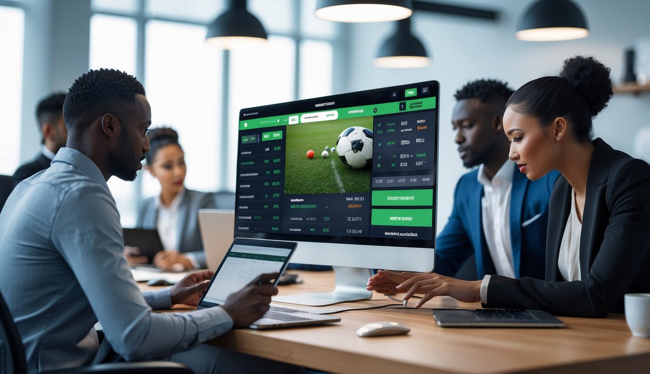 Orang-orang menggunakan komputer dan ponsel di ruang kantor modern untuk memasang taruhan bola secara online dengan suasana yang aman dan cepat.