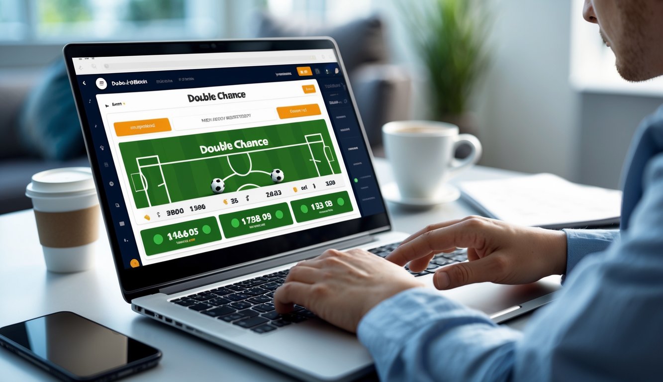 Seseorang menggunakan laptop dengan tampilan antarmuka taruhan bola online yang menampilkan opsi Double Chance, di meja kerja dengan beberapa alat tulis dan ponsel.