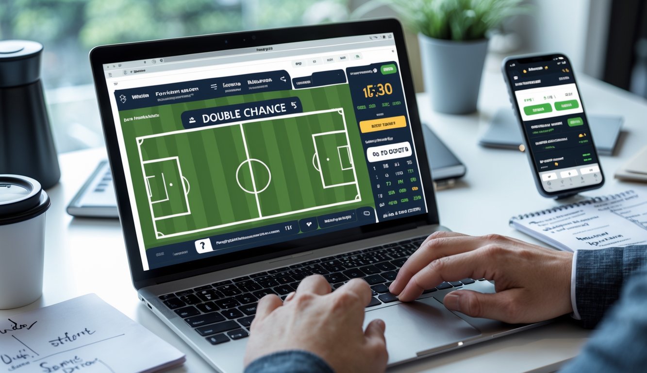 Meja kerja dengan laptop menampilkan antarmuka taruhan sepak bola online, tangan seseorang sedang mengetik, dan ponsel yang menunjukkan skor pertandingan.