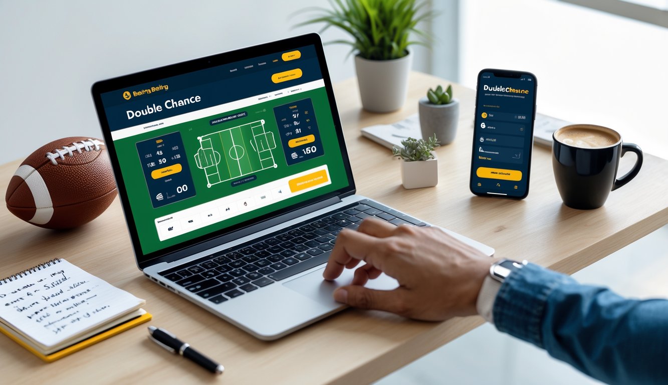 Seorang pria menggunakan laptop di meja kerja dengan layar menampilkan situs taruhan bola, dikelilingi bola sepak, ponsel, dan catatan.