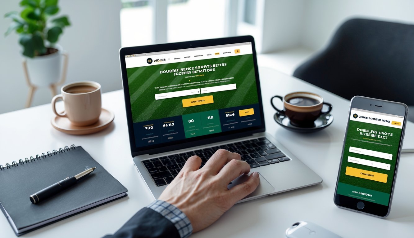 Seseorang sedang menggunakan laptop dan ponsel untuk mendaftar di situs taruhan bola secara online di meja kerja yang rapi.