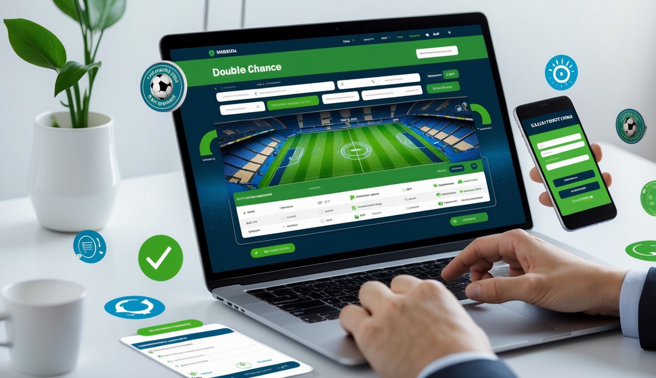 Seorang pengguna sedang menggunakan laptop dan ponsel untuk mendaftar dan memasang taruhan bola secara online dengan suasana kerja yang rapi dan terang.