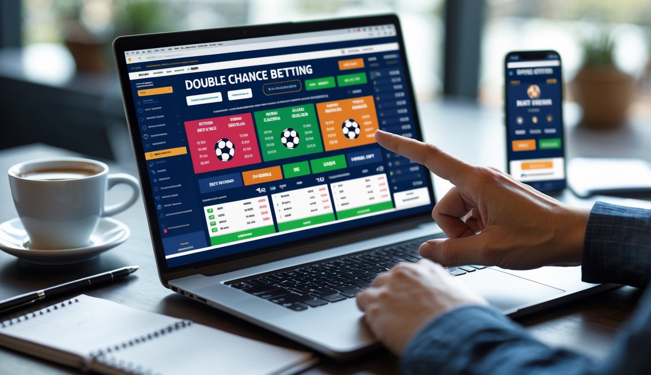 Seorang pengguna berinteraksi dengan laptop dan ponsel yang menampilkan situs taruhan bola online dengan pertandingan sepak bola dan pilihan taruhan.