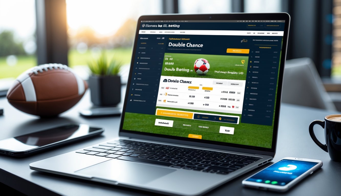 Seorang pria duduk di meja kerja dengan laptop yang menampilkan situs taruhan bola online, di sekitarnya terdapat bola sepak dan ponsel dengan pembaruan pertandingan langsung.