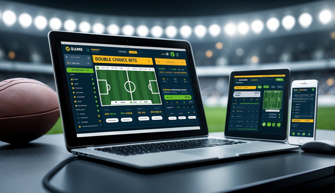 Meja kerja modern dengan laptop, ponsel, dan tablet yang menampilkan situs taruhan bola online, dengan latar belakang bola sepak dan lampu stadion.