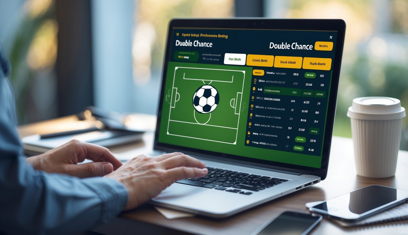 Seorang pengguna sedang melihat situs taruhan bola online di laptop di ruang kerja yang nyaman.