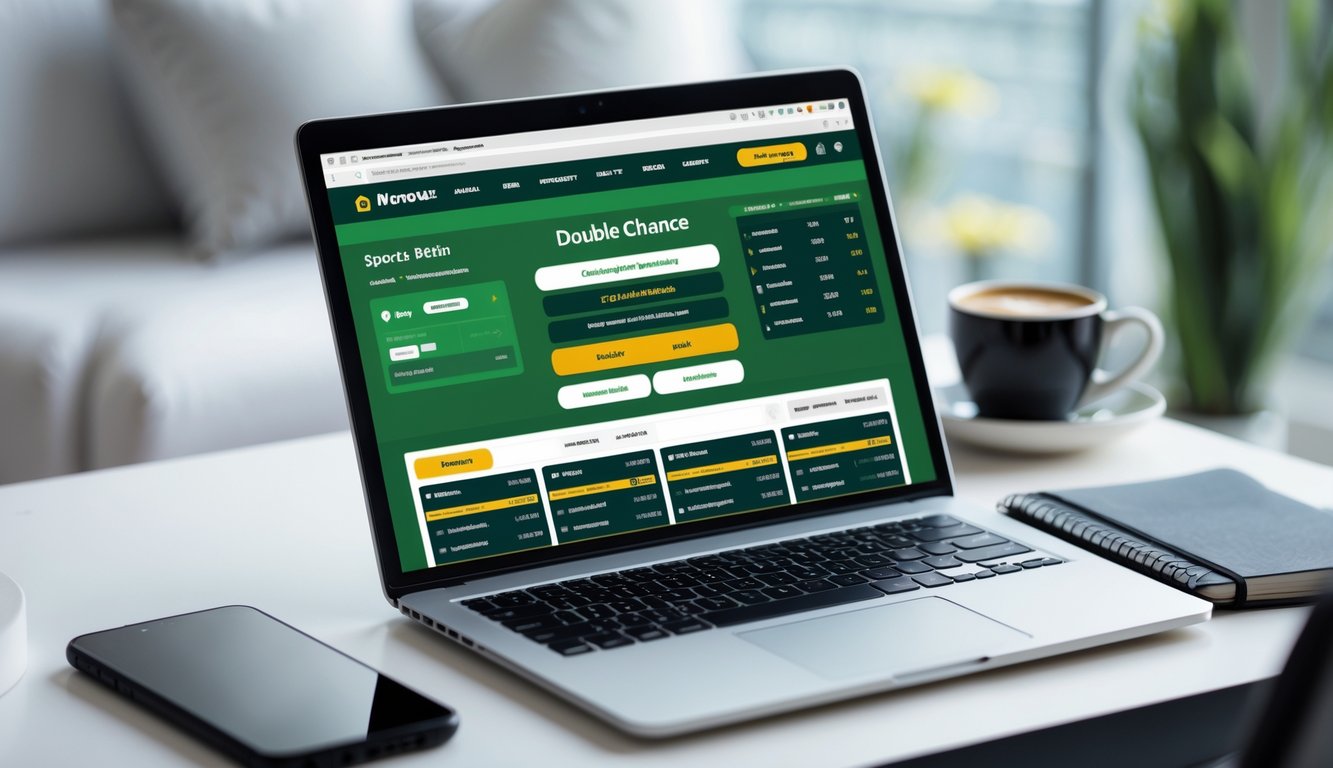 Seorang pengguna sedang melihat situs taruhan bola online di laptop dengan suasana ruang kerja yang rapi dan terang.