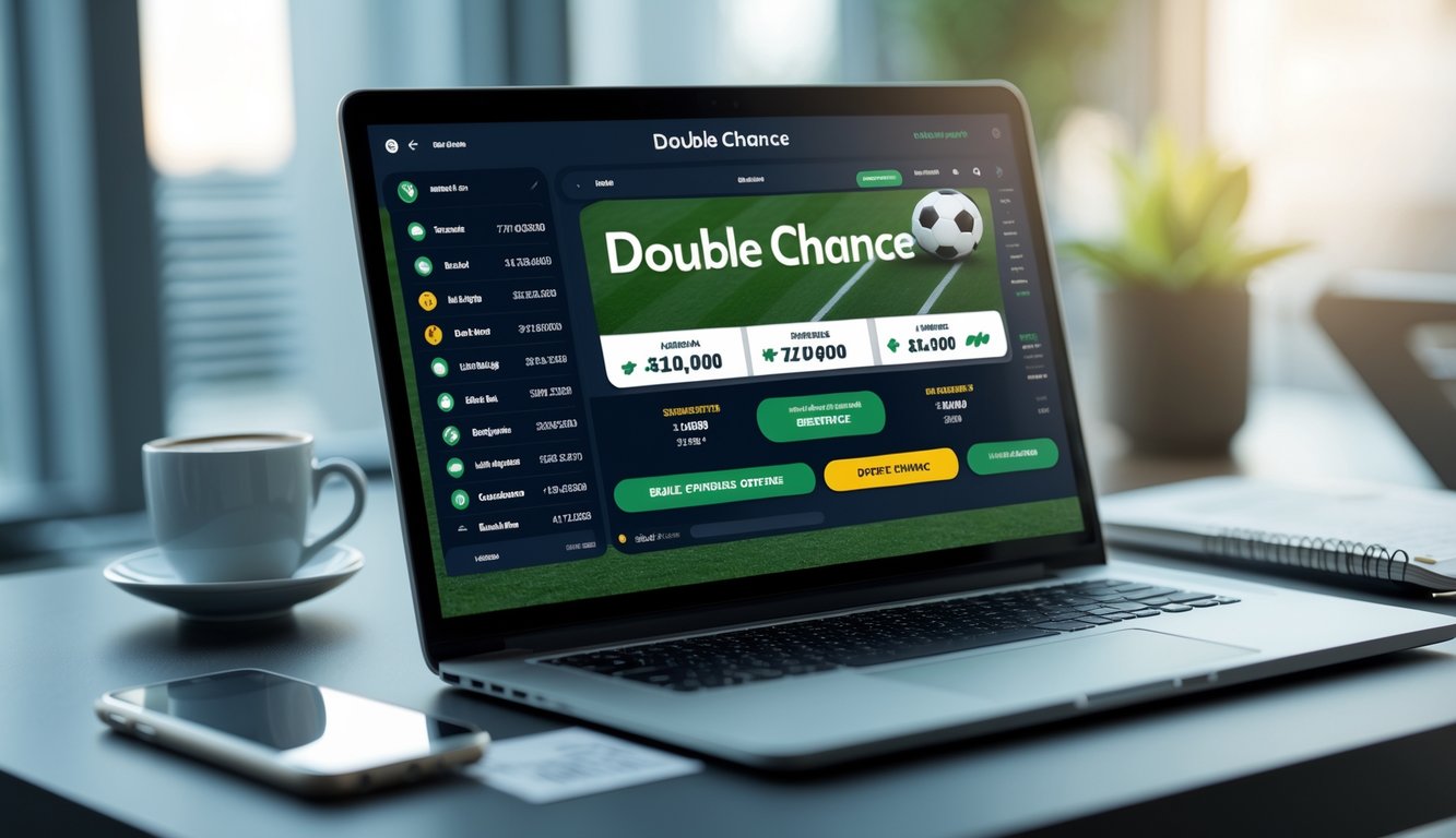 Seorang pria menggunakan laptop dengan layar menampilkan antarmuka taruhan bola online, dikelilingi oleh ponsel dan alat tulis di meja kerja.