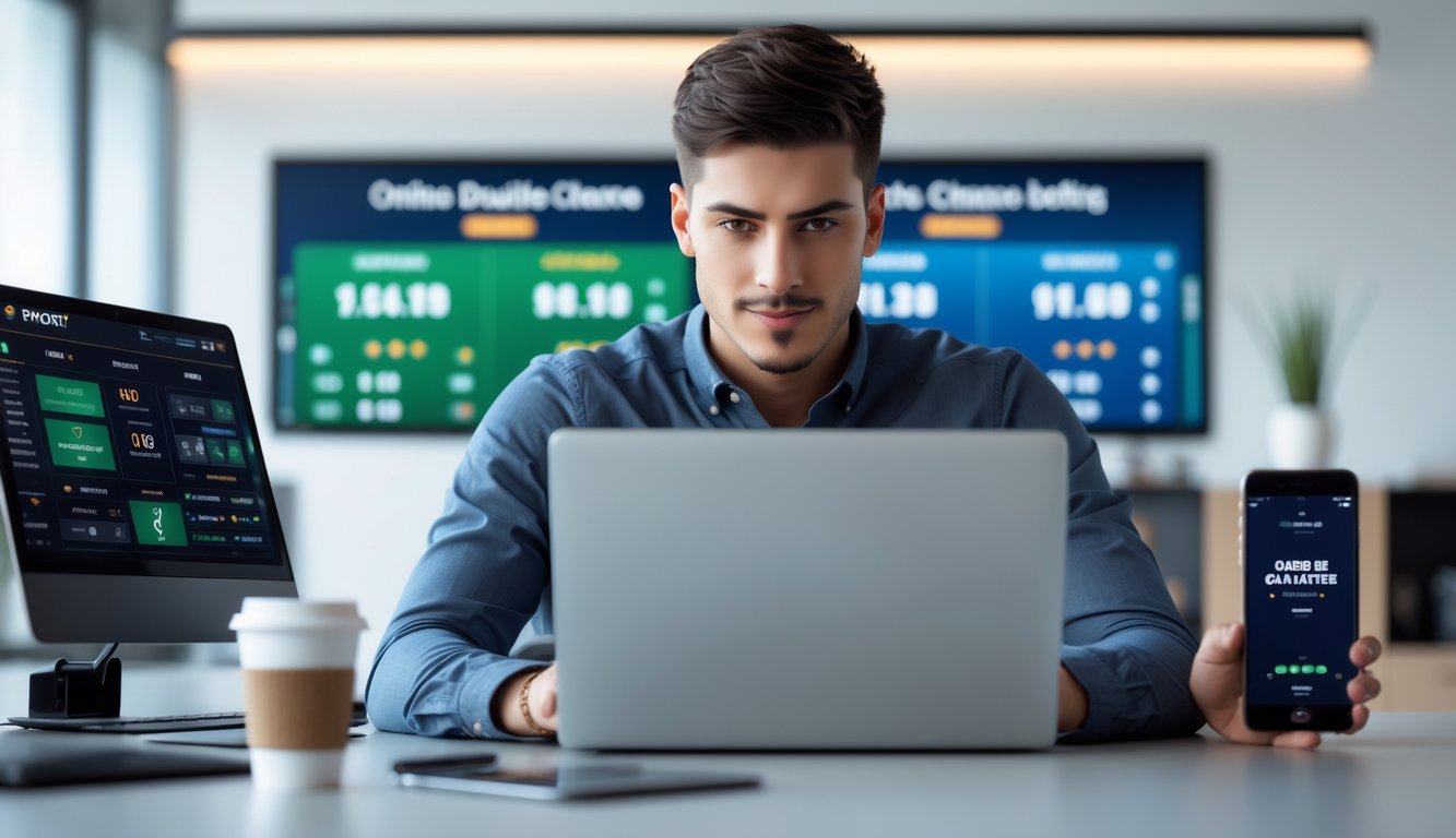 Seorang pria muda menggunakan laptop di kantor modern dengan layar digital dan ponsel di meja.