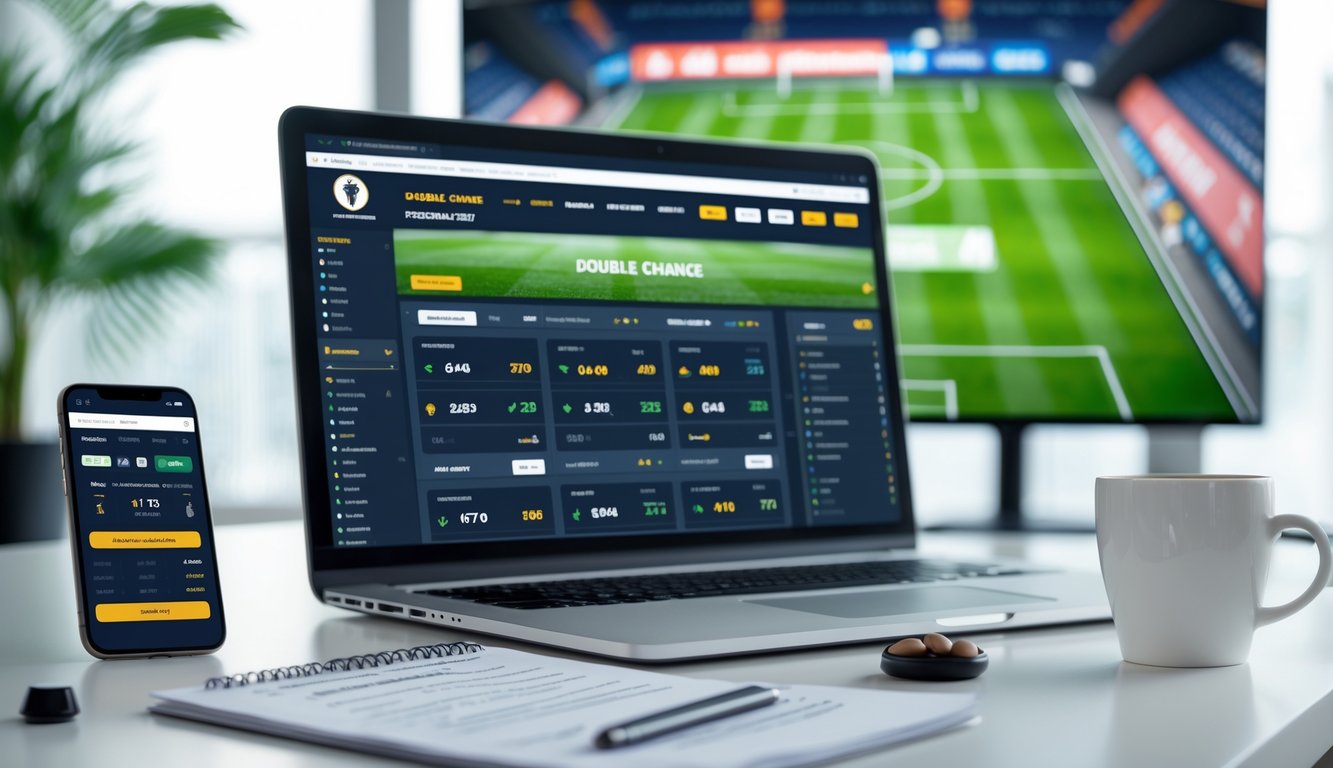 Seorang pria duduk di meja kerja dengan laptop dan ponsel yang menampilkan situs taruhan bola, layar besar di latar belakang menunjukkan pertandingan sepak bola langsung.