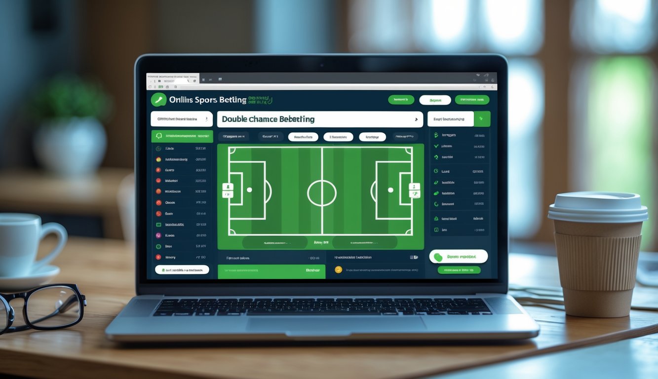 Seorang pengguna melihat layar laptop dan ponsel yang menampilkan antarmuka taruhan bola online dengan fitur Double Chance, di atas meja kayu dengan secangkir kopi dan kacamata.