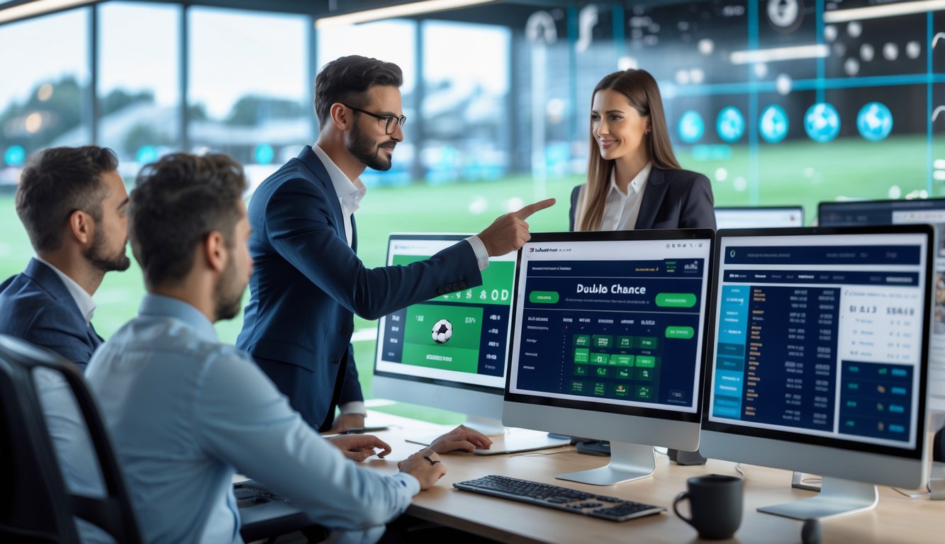 Orang-orang bekerja di kantor modern dengan layar komputer yang menampilkan statistik pertandingan sepak bola dan opsi taruhan.