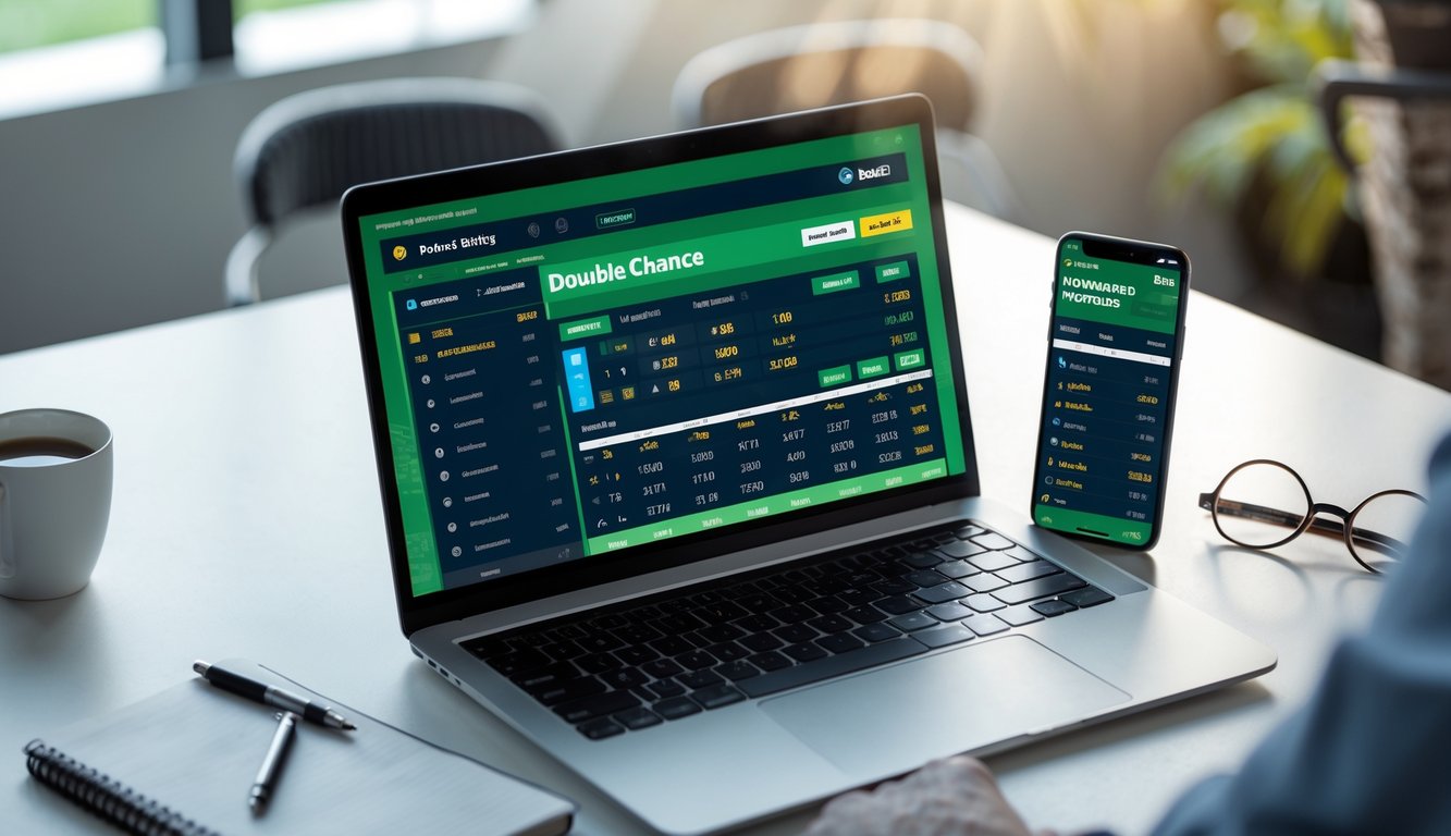 Seorang pria duduk di meja kerja dengan laptop dan ponsel yang menampilkan informasi taruhan sepak bola secara online.